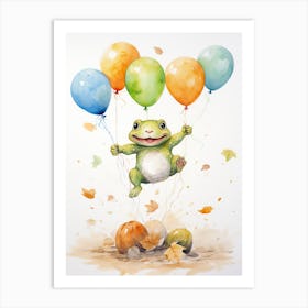 Frog Flying With Autumn Fall Pumpkins And Balloons Watercolour Nursery 3 Art Print