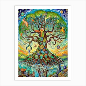 Mystical Tree Of Life With Creatures Of Folklore Art Print