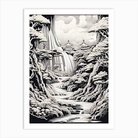 Nachi Falls In Wakayama, Ukiyo E Black And White Line Art Drawing 2 Art Print