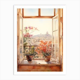 Window View Of  Athens Greece In Autumn Fall, Watercolour 4 Art Print