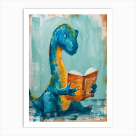 Dinosaur Reading A Book Blue Brushstrokes Art Print