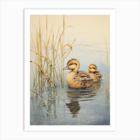 Pair Of Ducklings In The Water Japanese Woodblock Style 2 Art Print