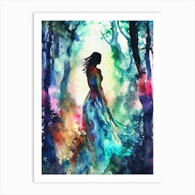 Woman In The Forest Watercolor Painting Art Print