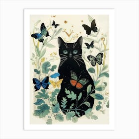 Cat Print Vintage Butterflies Illustration Black Cat Funny  Art Print