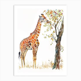 Giraffe By The Tree Watercolour 1 Art Print