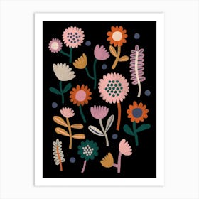 Flowers On Black Background Art Print