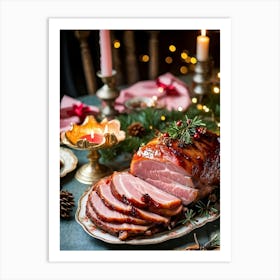 An Entregouted View Of A Glazed Spiced Pork Ham Festooned With A Crown Of Cloves Set On A Lavish C Art Print