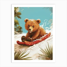Brown Bear Cub Sledding Down A Snowy Hill Storybook Illustration 2 Art Print
