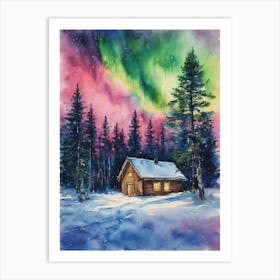 The Northern Lights - Aurora Borealis Rainbow Winter Snow Scene of Lapland Iceland Finland Norway Sweden Forest Lake Watercolor Beautiful Celestial Artwork for Home Gallery Wall Magical Etheral Dreamy Traditional Christmas Greeting Card Painting of Heavenly Fairylights 3 Art Print