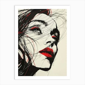 ink drawing of a girl With Red Lips Art Print
