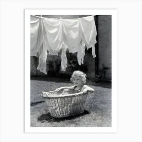 1930s 1940s Girl Outdoors Sitting In Laundry Basket Art Print