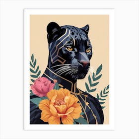 Floral Black Panther Portrait In A Suit (7) Art Print