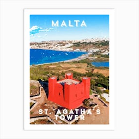 Malta, St.Agatha's tower/Red tower — Retro travel minimalist poster Art Print