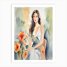 Watercolor Of A Woman With Flowers Art Print