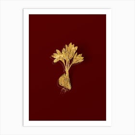 Vintage Autumn Crocus Botanical in Gold on Red Art Print