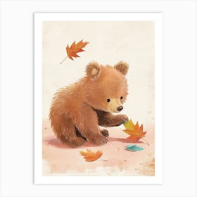 Brown Bear Cub Playing With A Fallen Leaf Storybook Illustration 2 Art Print