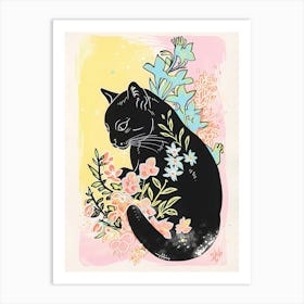 Cute Black Cat With Flowers Illustration 5 Art Print