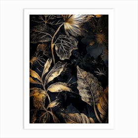 Gold Leaves On Black Background nature Art Print