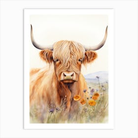 Grassy Highland Cow Watercolour 1 Art Print