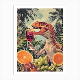 Dinosaur Drinking Wine Retro Collage 1 Art Print