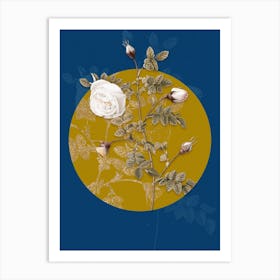 Vintage Botanical Silver Flowered Hispid Rose on Circle Yellow on Blue Art Print