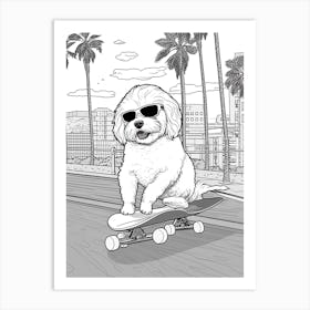 Maltese Dog Skateboarding Line Art 1 Art Print