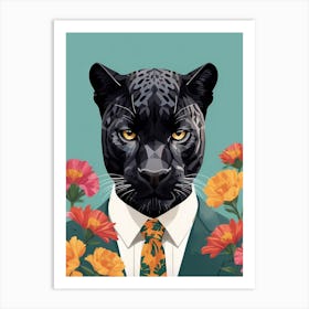 Floral Black Panther Portrait In A Suit (20) Art Print