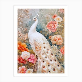 White Floral Watercolour Peacock Art Print