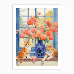 Cat With Bleedeing Heart Flowers Watercolor Mothers Day Valentines 1 Art Print
