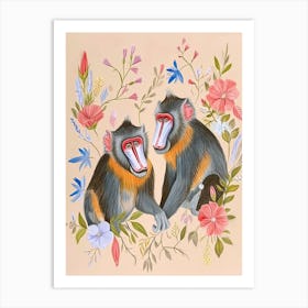 Folksy Floral Animal Drawing Baboon 3 Art Print