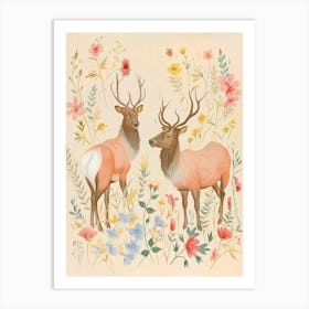 Folksy Floral Animal Drawing Elk 3 Art Print