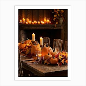 Autumn Table Decoration Cascading Leaves Of Warm Hues Rest Atop Smooth Pumpkins With Textured Exter 2 1 Art Print