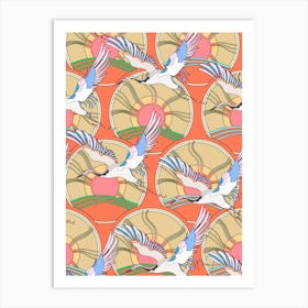 Retro Crane Birds Art Print
