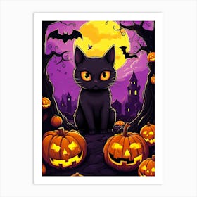 Halloween Cat With Pumpkins Art Print