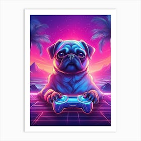 Pug Playing Video Games Synthwave Art Print