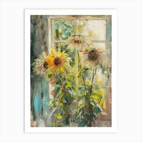 Sunflower Flowers On A Cottage Window 2 Art Print