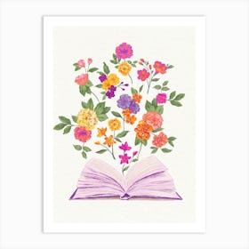 Open Book With Flowers Purple Art Print