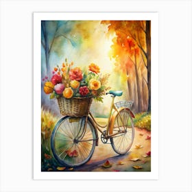 A Basket Of Fresh Flowers On A Bicycle Surrounde (1) Art Print