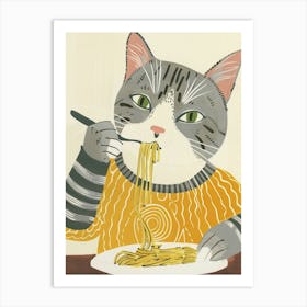 Grey White Cat Eating Pasta Folk Illustration 1 Art Print