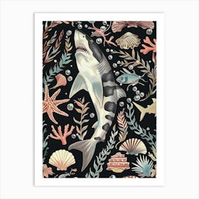 Zebra Shark Seascape Black Background Illustration 1 Art Print