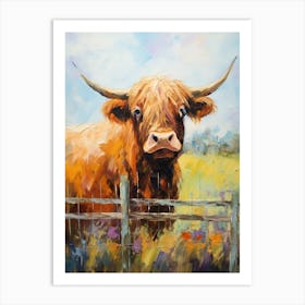 Impressionism Style Painting Of Highland Cow By Fence Art Print