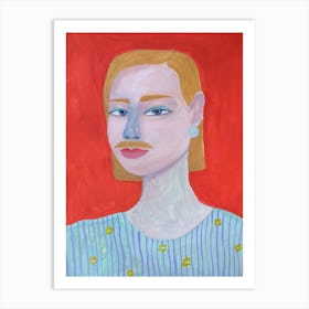 Acrylic painting of a woman with a mustache on a red background Art Print