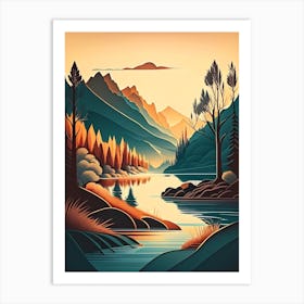 River Waterscape Retro Illustration 1 Art Print