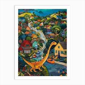 Cute Colourful Dinosaur In A Village 2 Art Print