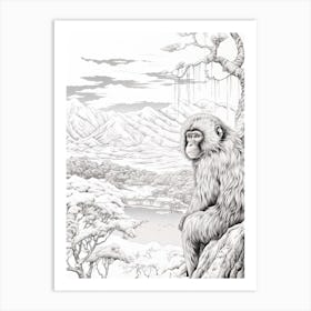 Jigokudani Monkey Park In Nagano, Ukiyo E Black And White Line Art Drawing 2 Art Print