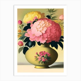 Vase Of Colourful Peonies Pink And Yellow 1 Vintage Sketch Art Print
