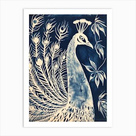 Navy Blue Peacock Leaf Portrait 1 Art Print