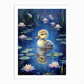 Duckling Swimming In The Pond In The Moonlight Pencil Illustration 1 Art Print