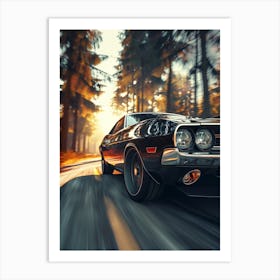 Classic Muscle Car Driving In The Forest Art Print