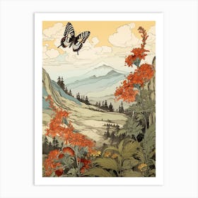 Japanese Style Painting Of A Butterfly With A Mountaneous Backdrop Art Print